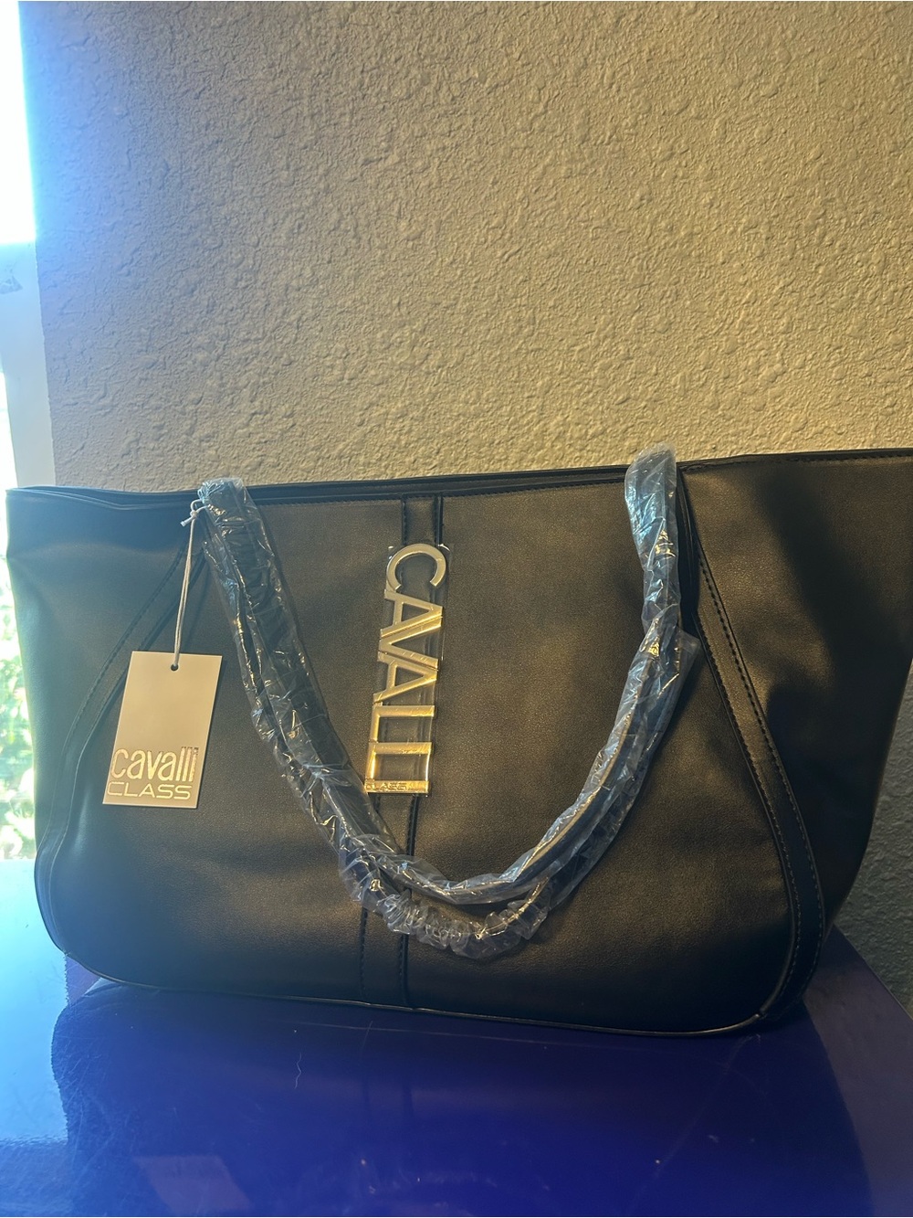 Cavalli Class Black Tote with Gold Logo Accent
